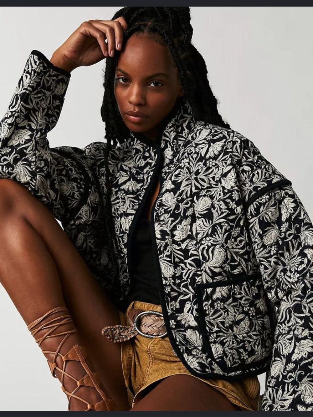 Free People Black & White Floral Quilted Bomber Jacket